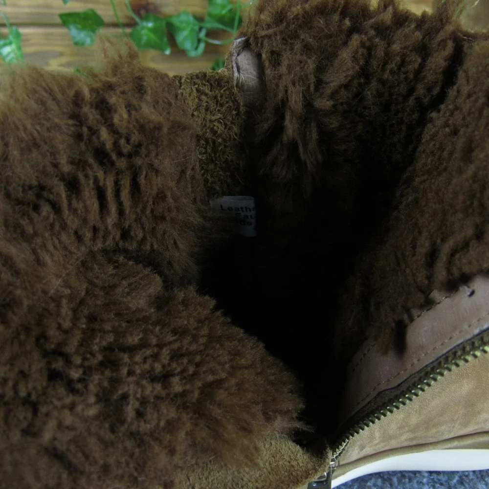 J Slides‎ NYC Tan Suede Platform Ankle Boots Women Size 6 Faux Fur Lined Zip Up